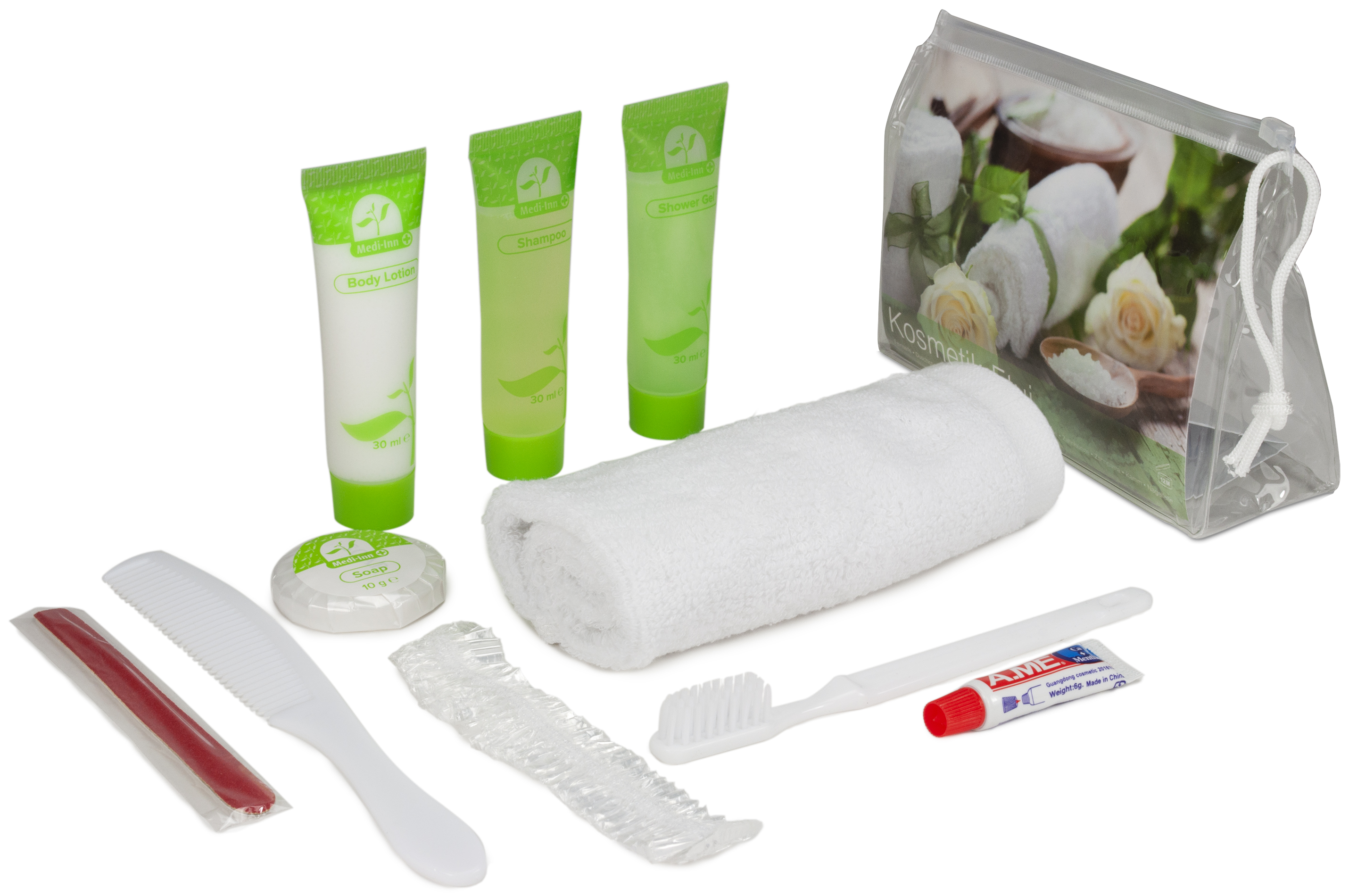 20 Stck/VE, 28VE=560 Stck/Palette
1 x Stück  Seife 10 gr. N17689
1 x 30 ml  Tube Duschgel N17687
1 x 30 ml  Tube Shampoo N17685
1 x 30 ml  Tube Body Lotion N17688
1 x 6 gr Tube Zahnpasta
1 x Zahnbürste einzeln verpackt in Klarsichtbeutel
1 x Handtuch zirka 30x30 cm
1 x Duschhaube mit Gummizug
1 x Kamm 2,5 x 14 cm
1 x Nagelfeile (L= ca. 14 cm)

