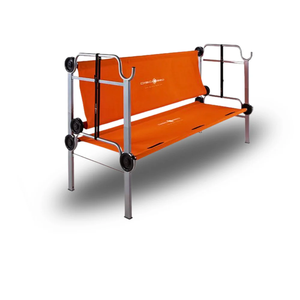 Camp bed set (2pcs) Dic-O-Bed, orange.
Easy to set up, without tools.

Dimensions: 208x82.5x52cm
Dimensions sleeping area: 201x70cm
Dimensions packaging (bag) 81,5x52x11cm

Loadable up to 227kg

Can be used as a single bed, bunk bed or bench.

1 set includes:

2 transport bags
2 polyester mats
2 frames
8 outer and 4 central poles
4 rubber plugs
8 discs
2 safety straps