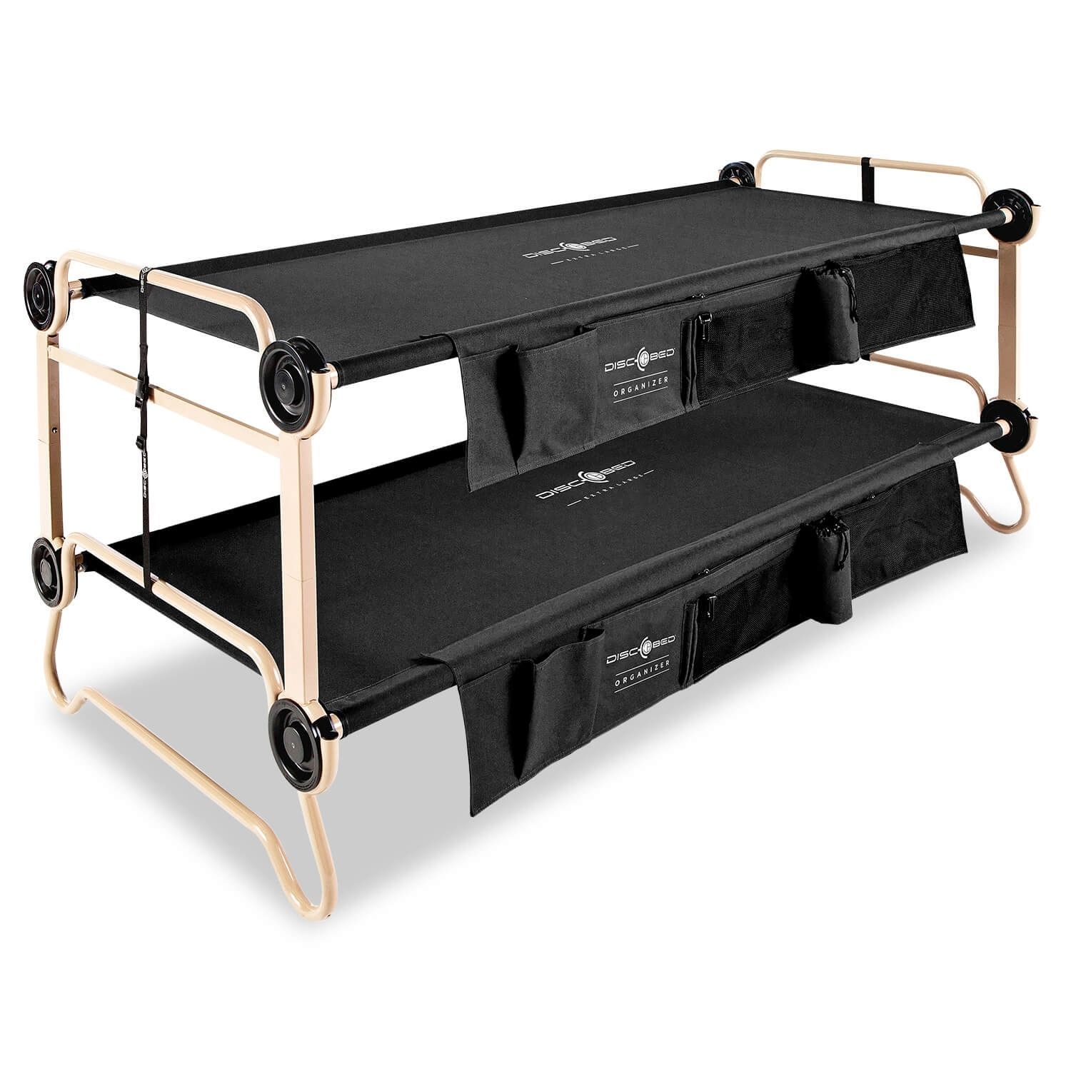 Field/Emergency Bed, Disc-O-Bed XL
208 x 100 x 92 cm
 
Color
•black
Material
•Properties:
o black powder-coated, rust-repellent steel frame
o Cover: 600D polyester, PU coated
Size
•Dimensions:
o External dimensions 208 cm L x 100 cm W x 92 cm H
o Sleeping area lower bed 201 cm L x 88 cm W x 29 cm H
o Sleeping area upper bed 201 cm L x 88 cm W x 81 cm H
o Dimensions carrying bag 100 cm L x 39 cm W x 11 cm H
• Capacity: 227 kg per 
 •Weight:
ø 28 kg
Equipment
•Accessories:
o incl. bag with carrying handle
o with side pockets



