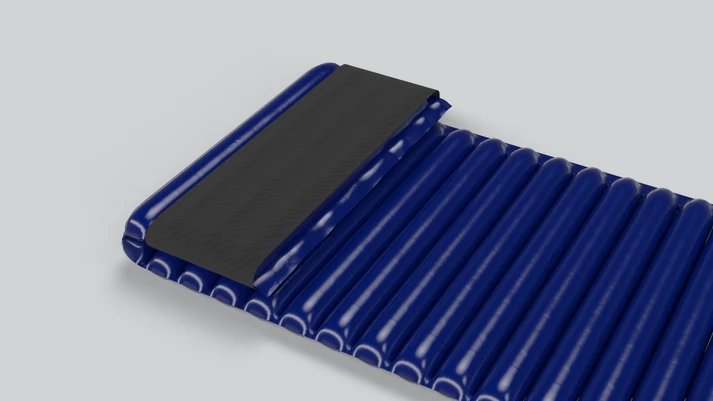 Air mattress, the material inflated film is Polyethylene with EVOH barrier and the pillowacase is Polypropylene non-woven. The measurements are 230x65x6 cm and it is 200 gram light. Color is blue. Used mattresses can be returned to be processed into new material