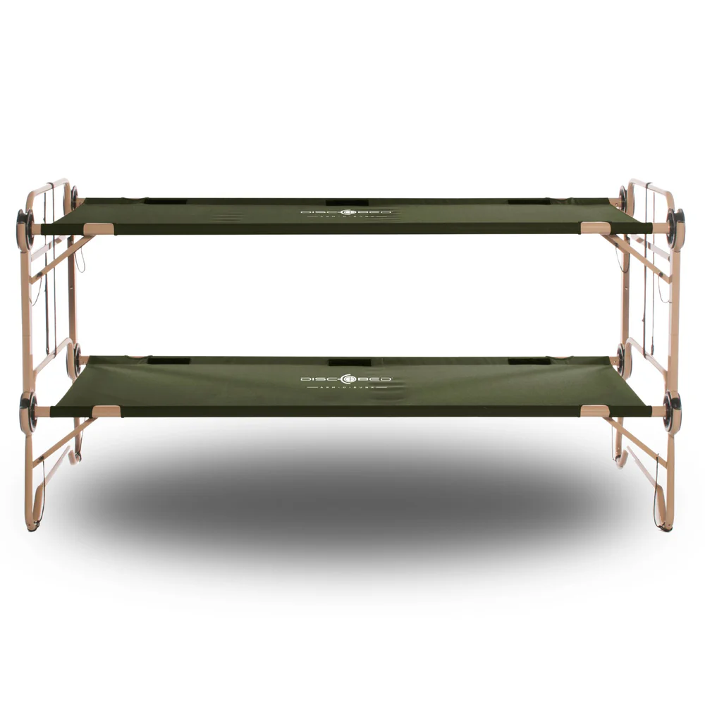 Arm-O-Bunk Bunk Bed with Side Pockets - Olive Green
Technical Data
Weight of Bunk Bed: 45 kg

Load Capacity: 272 kg (per single bed)

External Dimensions: 208 cm (L) × 100 cm (W) × 110 cm (H)

Sleeping Area: 201 cm (L) × 88 cm (W)

Height of Lower Bed: 40 cm

Height of Upper Bed: 99 cm

Bag Dimensions: 100 × 45 × 9 cm (L × W × H)

Outer Bag Dimensions: 102 × 51 × 25 cm (L × W × H)

Frame: Powder-coated, rust-resistant steel frame

Fabric: 900D polyester mat with PU coating

Scope of Delivery
2 rounded frames (for lower bed)

2 straight frames (for upper bed)

2 polyester mats (olive green)

2 side pockets (olive green)

8 black discs

8 outer rods

4 middle rods

4 foot plugs

8 side stabilizers

4 stacking adapters

2 safety straps

2 carrying bags (olive green, beds)

1 carrying bag (olive green, for accessories)
