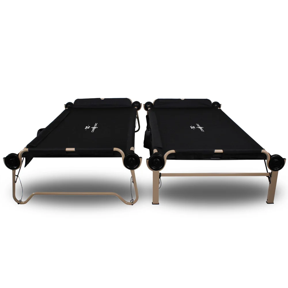 Technical Data
Weight of Bunk Bed: 39 kg

Load Capacity: 272 kg (per single bed)

External Dimensions: 222 cm (L) × 113 cm (W) × 117 cm (H)

Sleeping Area: 215 cm (L) × 100 cm (W)

Height Lower Bed: 39 cm

Height Upper Bed: 102 cm

Bag Dimensions: 119 cm (L) × 53 cm (W) × 11.5 cm (H)

Frame: Powder-coated, rust-resistant steel frame

Fabric: 1200D polyester mat with PVC coating

Packed Size: 118 cm × 54.5 cm × 22 cm

Scope of Delivery
2 rounded frames (for lower bed)
2 straight frames (for upper bed)
2 black polyester mats
2 black side pockets
8 black discs
8 outer rods
4 middle rods
4 foot plugs
8 side stabilizers
2 black transport bags
4 stacking adapters
2 safety straps