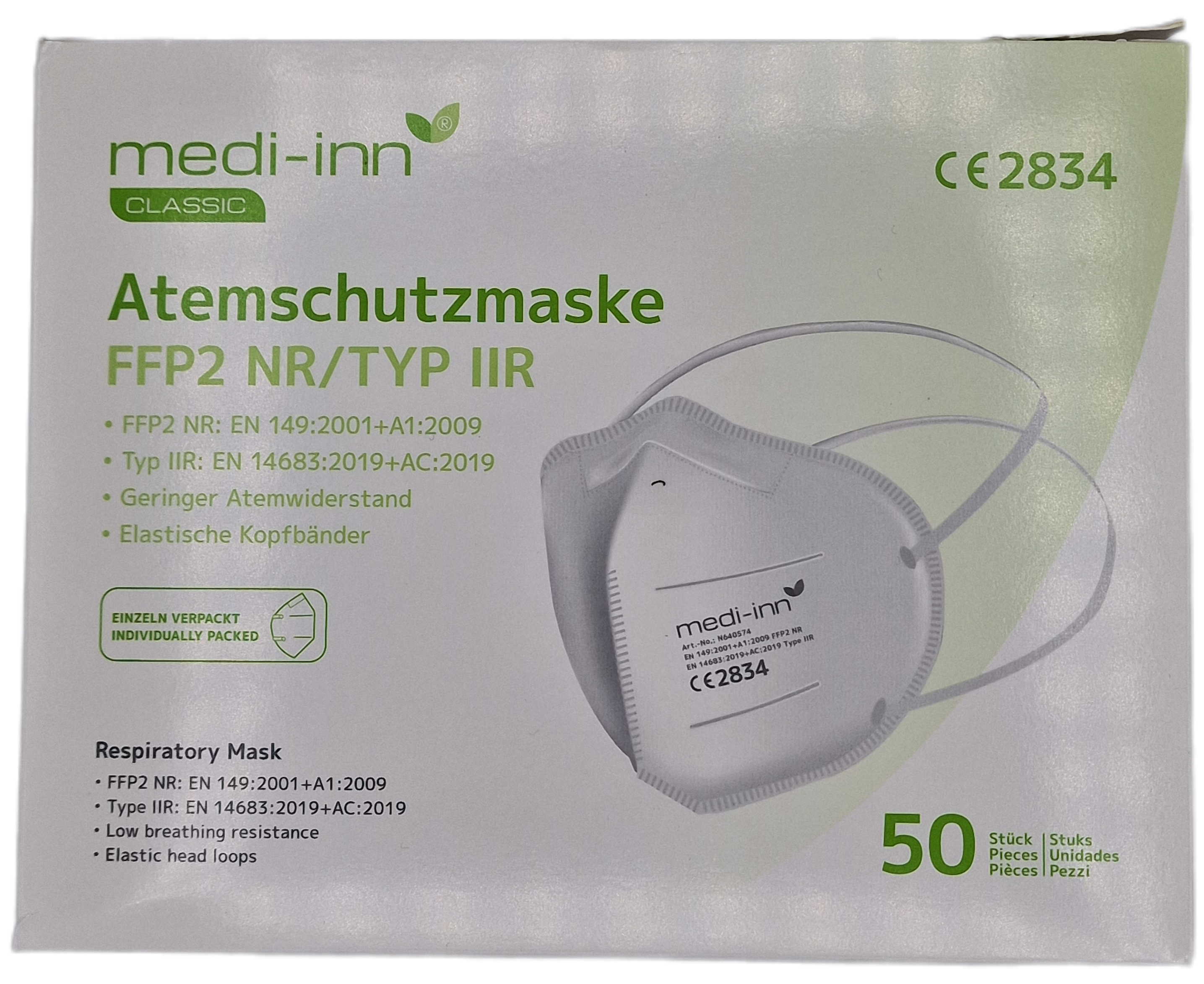 Respiratory mask for single use, with flexible nose clip, latex-free, individually packed.  
Personal protective equipment of Category III according to Regulation (EU) 2016/425.  
Material  
Number of layers  
Polypropylene nonwoven fabric  
4  
Type of fastening  
Headband  
Valve  
Without valve  
Color  
White  
Shelf life  
3 years  
Quantity in individual packaging  
Individual packaging per carton  
50 pcs (individually subdivided)  
10 pcs  
Type of individual packaging  
Box  
Carton dimensions (L x H x W)  
72.5 x 34.0 x 21.0 cm  
Storage instructions  
Store dry between -30 °C to 40 °C and a maximum relative humidity of < 80 %.